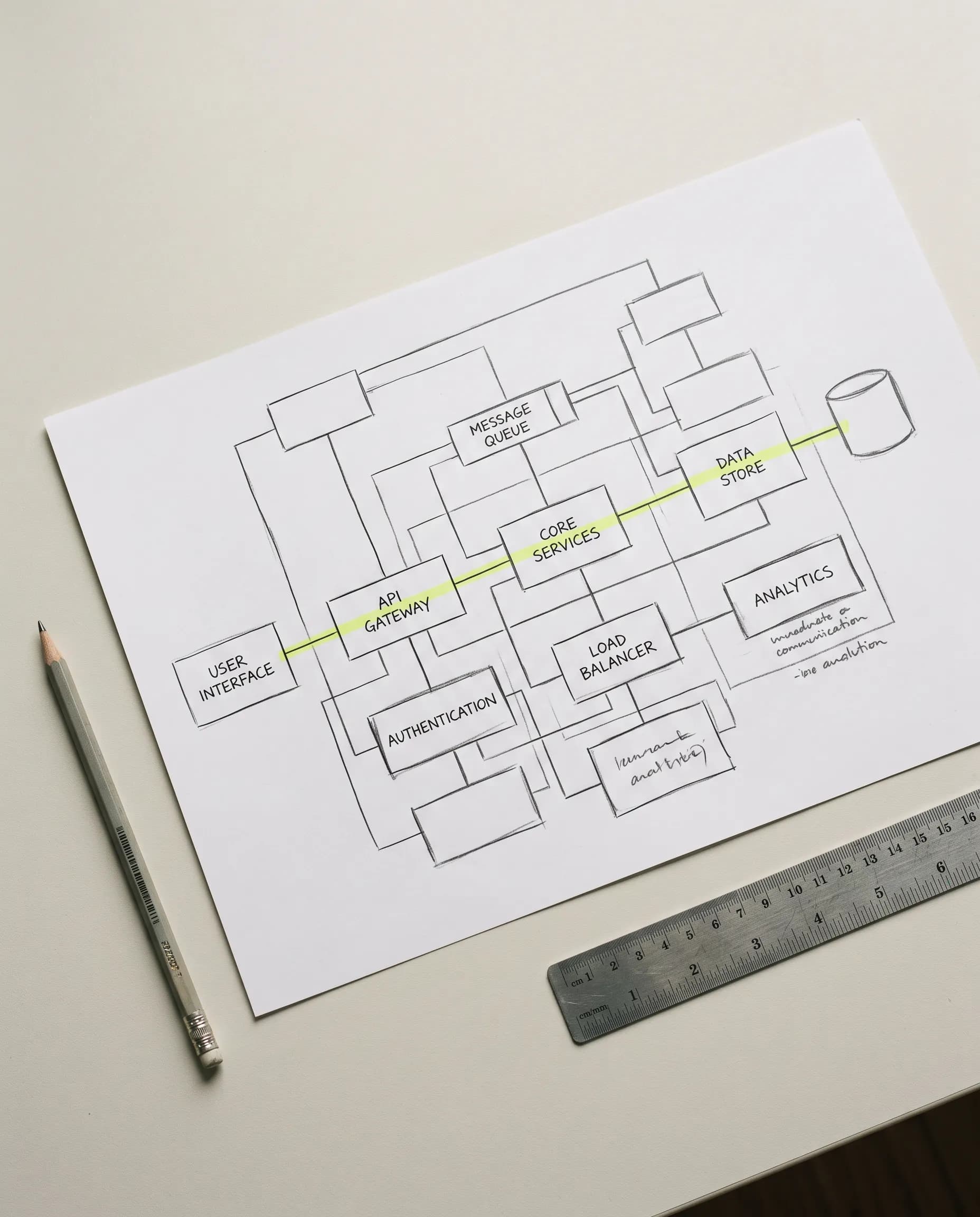 A system architecture diagram sketched in pencil with one path highlighted in green.