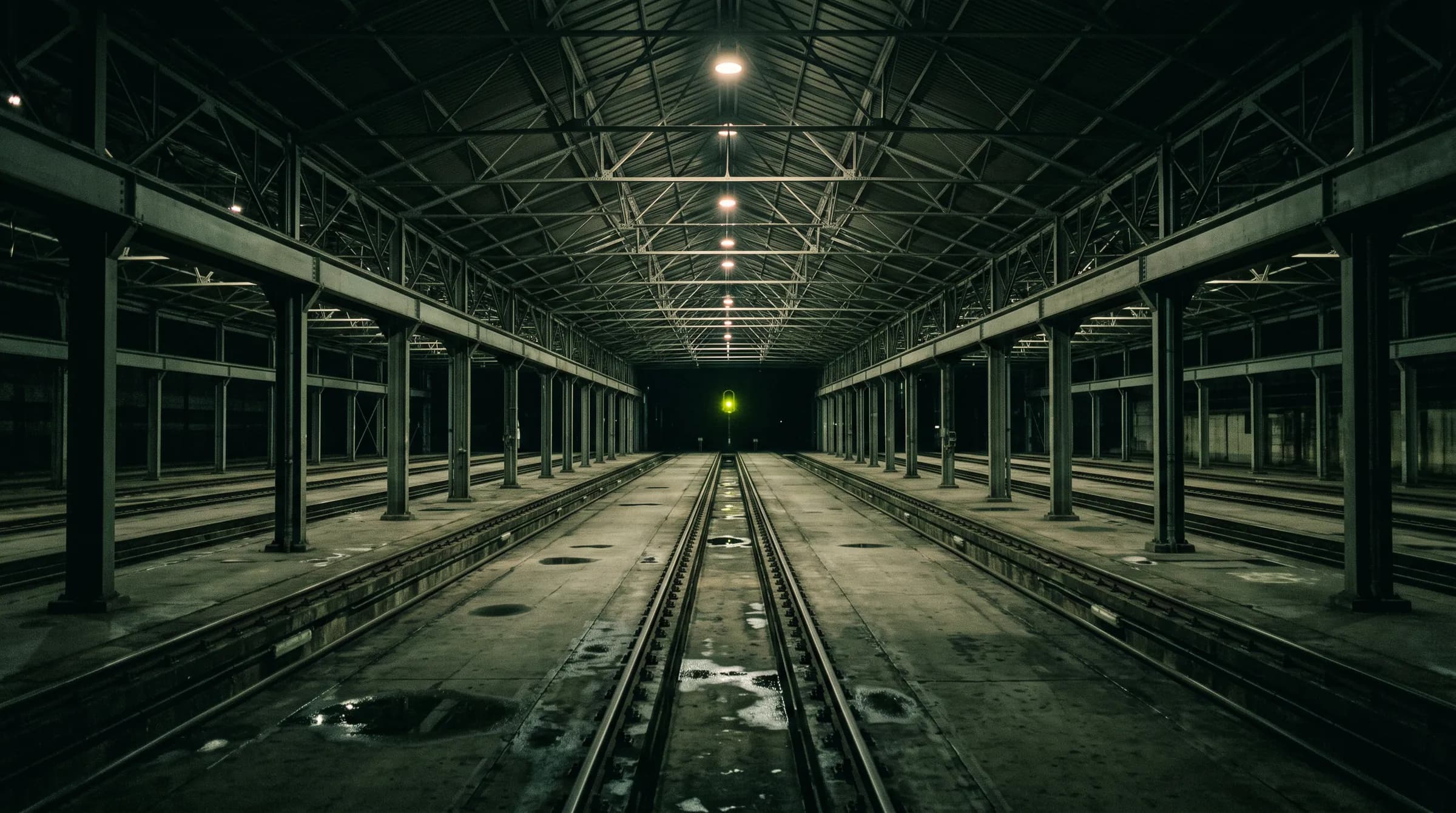 An empty railway depot at night with parallel tracks under a steel roof.
