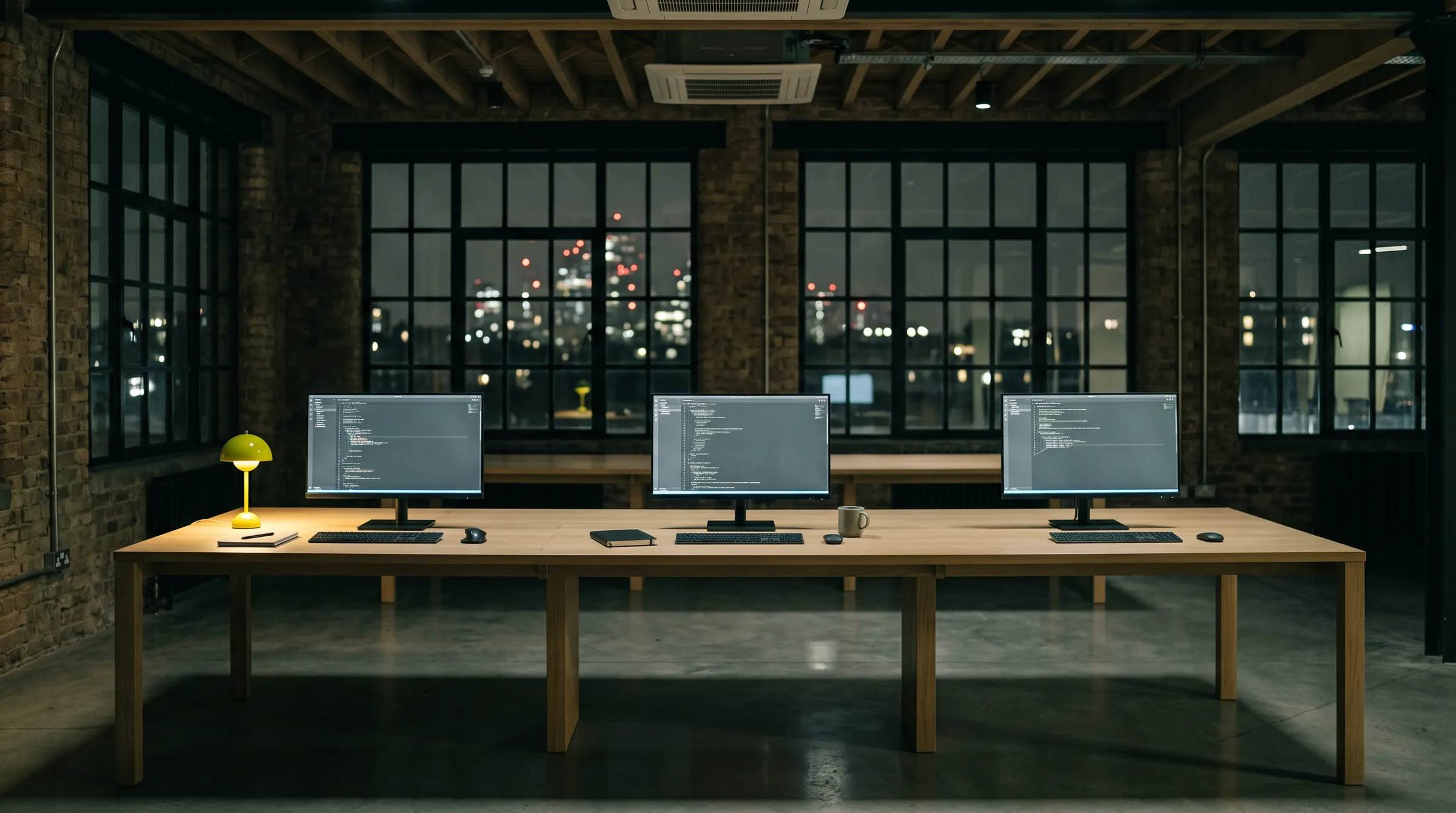 A quiet London warehouse studio at night with three monitors on a long oak table.